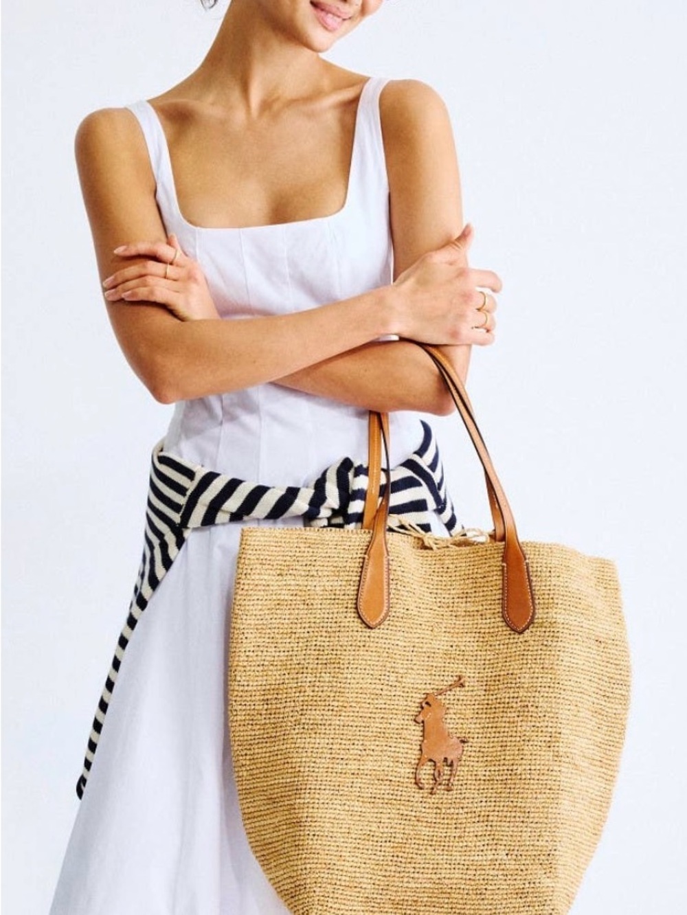 Ralph Lauren Tan Straw Tote with Brown Leather Polo Emblem - Picture 3 of 8
